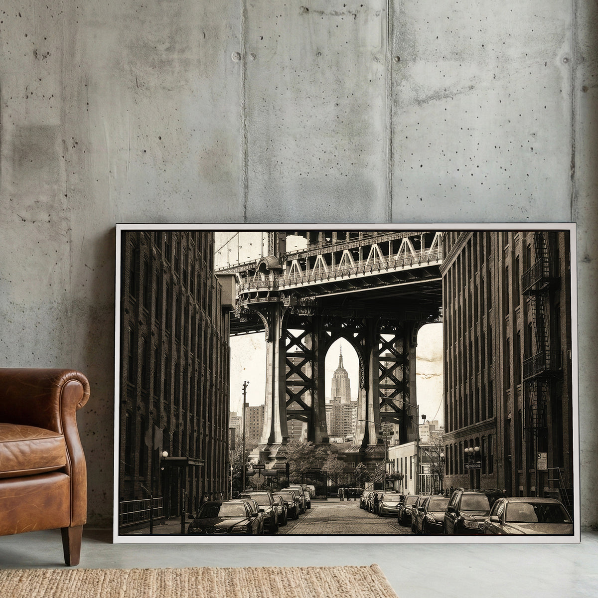 Sepia photography of Manhattan Bridge framing the Empire State Building urban wall art.