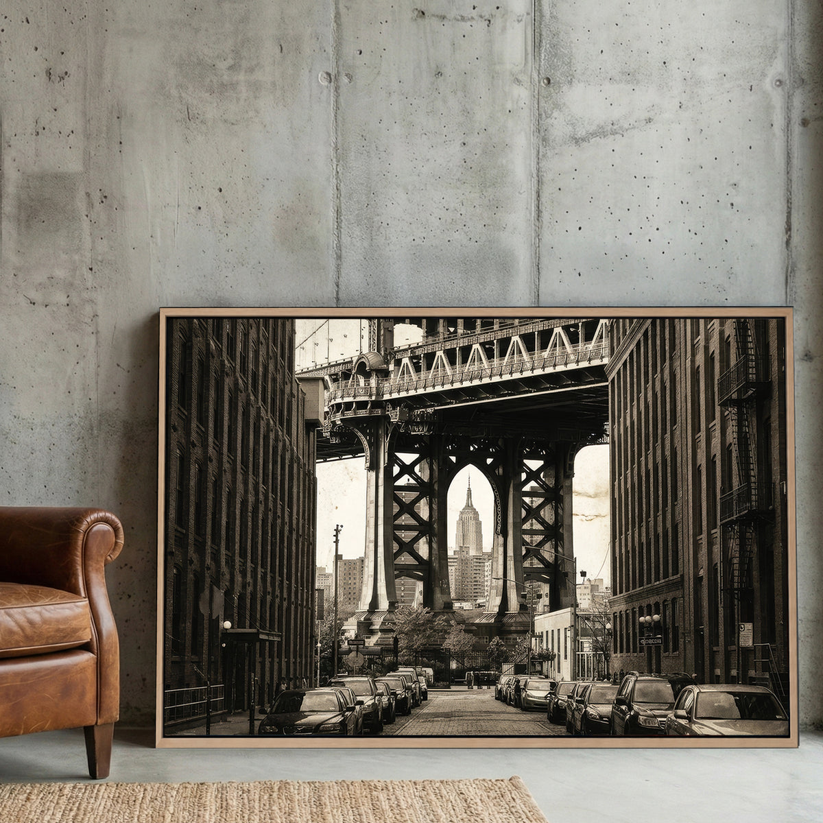 Sepia photography of Manhattan Bridge framing the Empire State Building urban wall art.