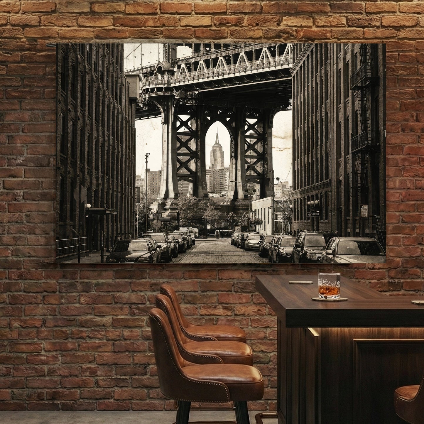 Sepia photography of Manhattan Bridge framing the Empire State Building urban wall art.