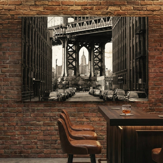 Sepia photography of Manhattan Bridge framing the Empire State Building urban wall art.