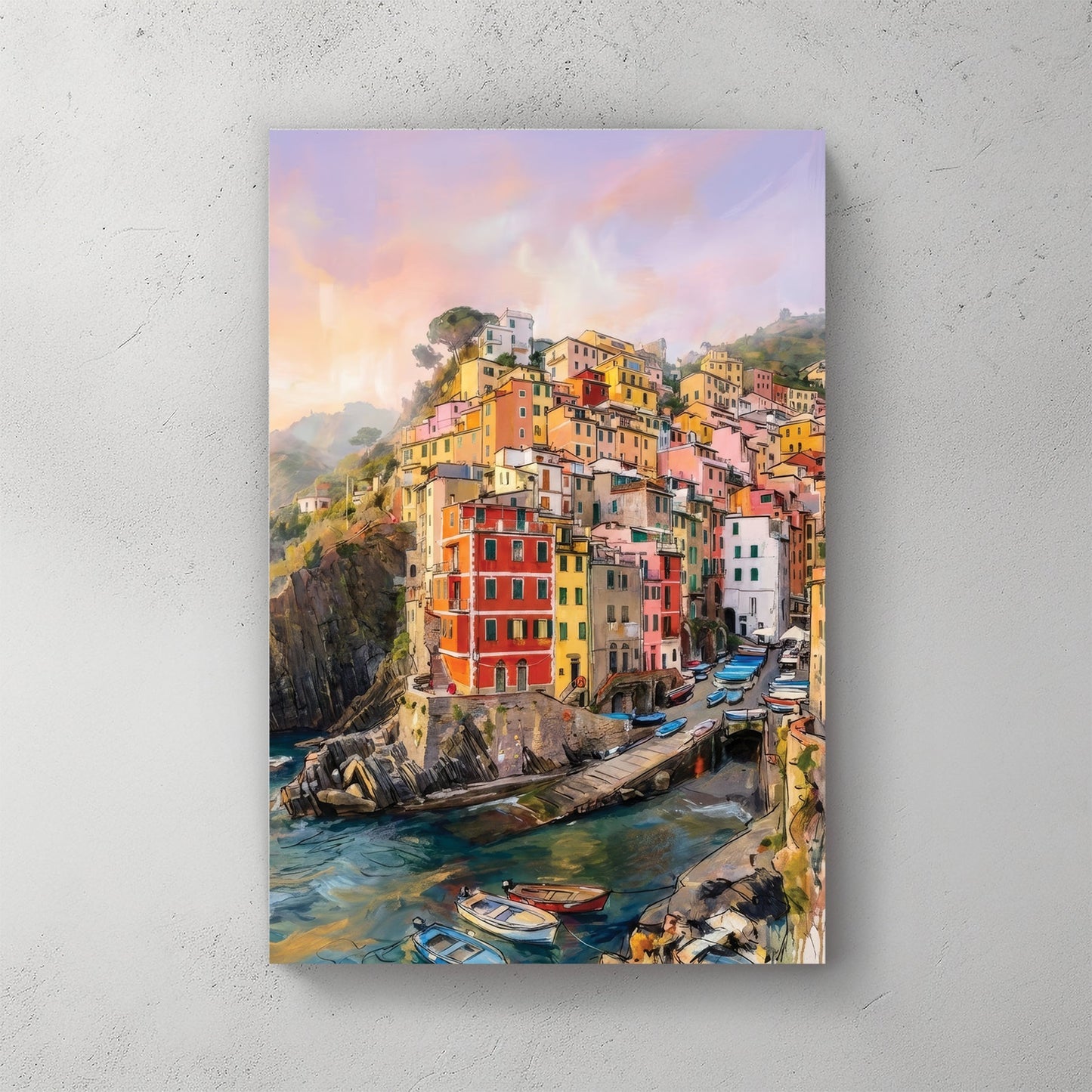 Watercolour wall art of Riomaggiore coastal village with colourful houses and boats in Italy.