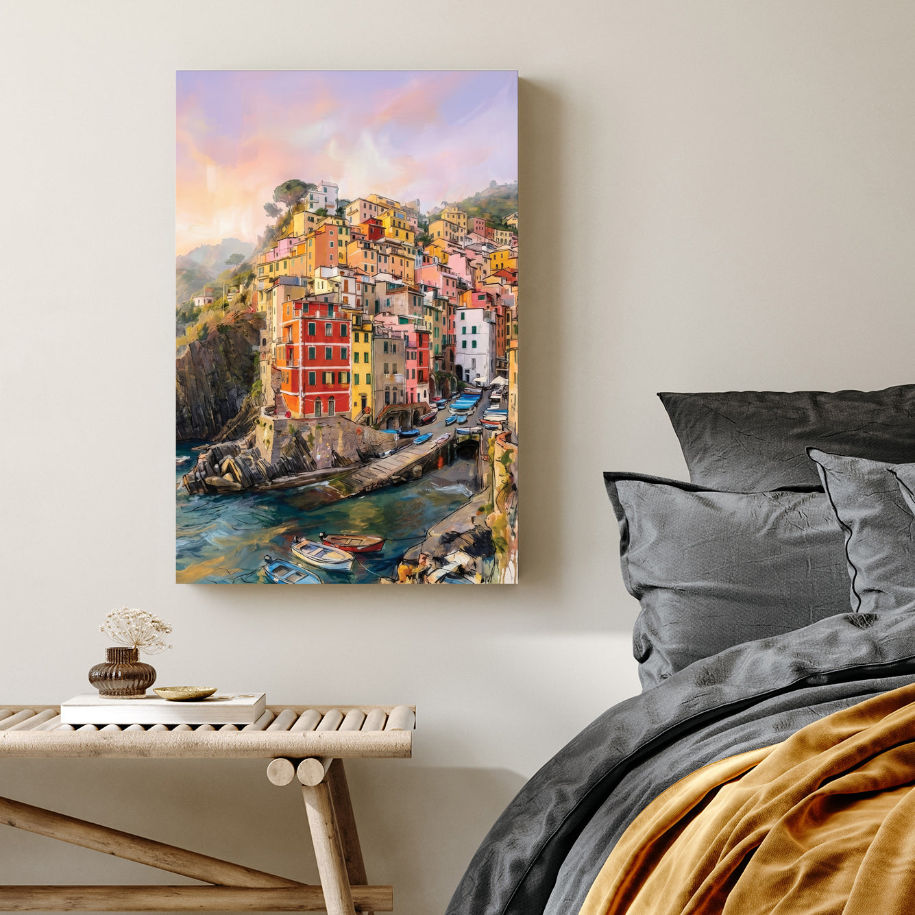 Watercolour wall art of Riomaggiore coastal village with colourful houses and boats in Italy.