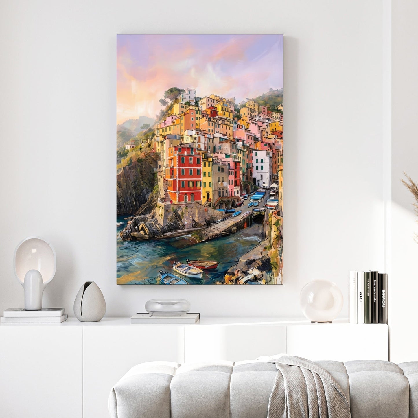 Watercolour wall art of Riomaggiore coastal village with colourful houses and boats in Italy.
