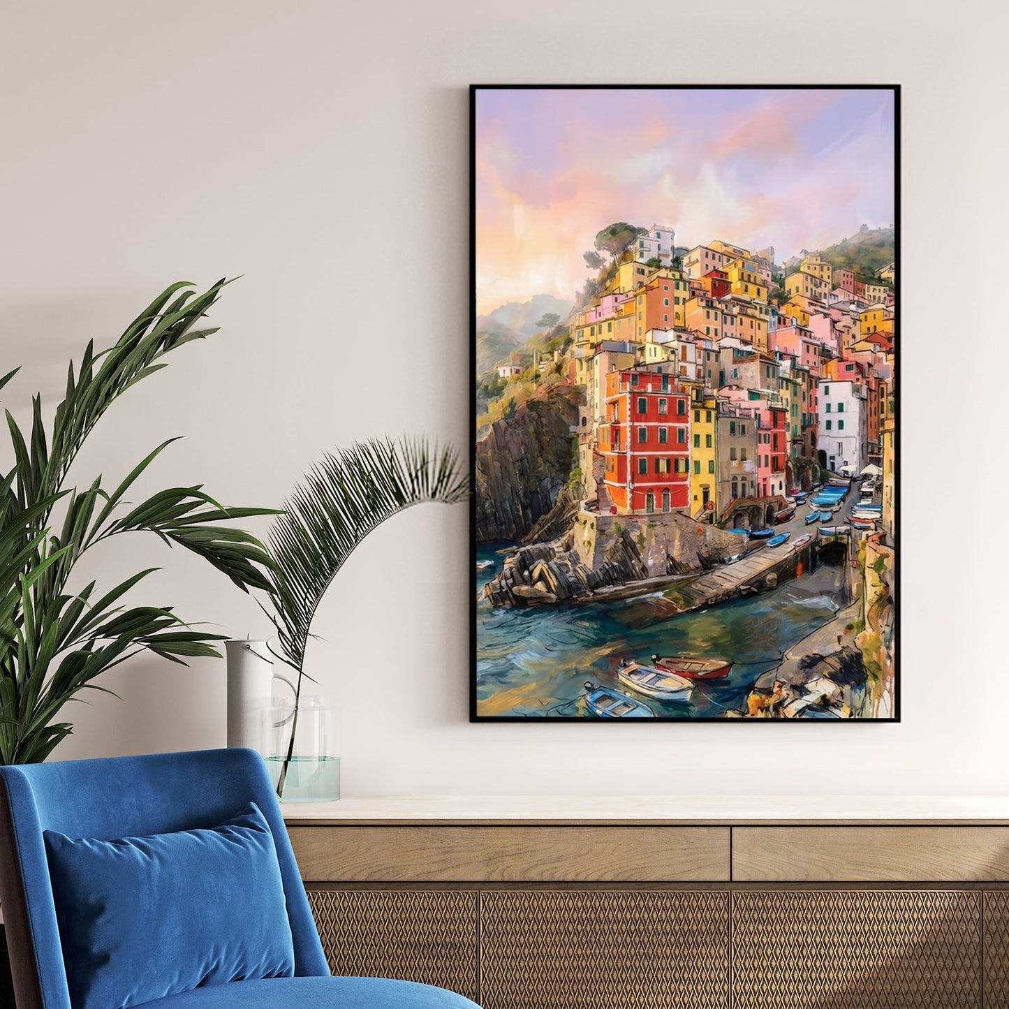 Watercolour wall art of Riomaggiore coastal village with colourful houses and boats in Italy.