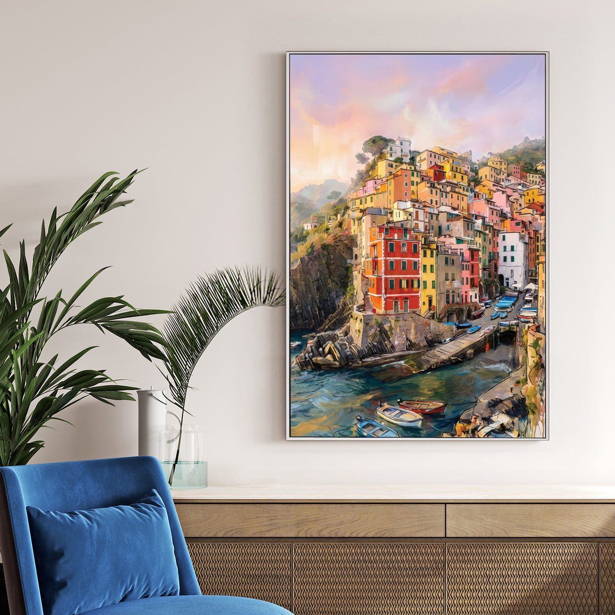 Watercolour wall art of Riomaggiore coastal village with colourful houses and boats in Italy.