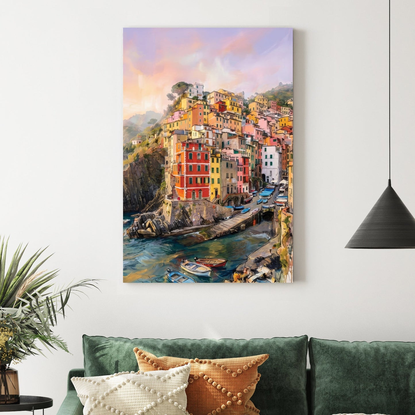 Watercolour wall art of Riomaggiore coastal village with colourful houses and boats in Italy.