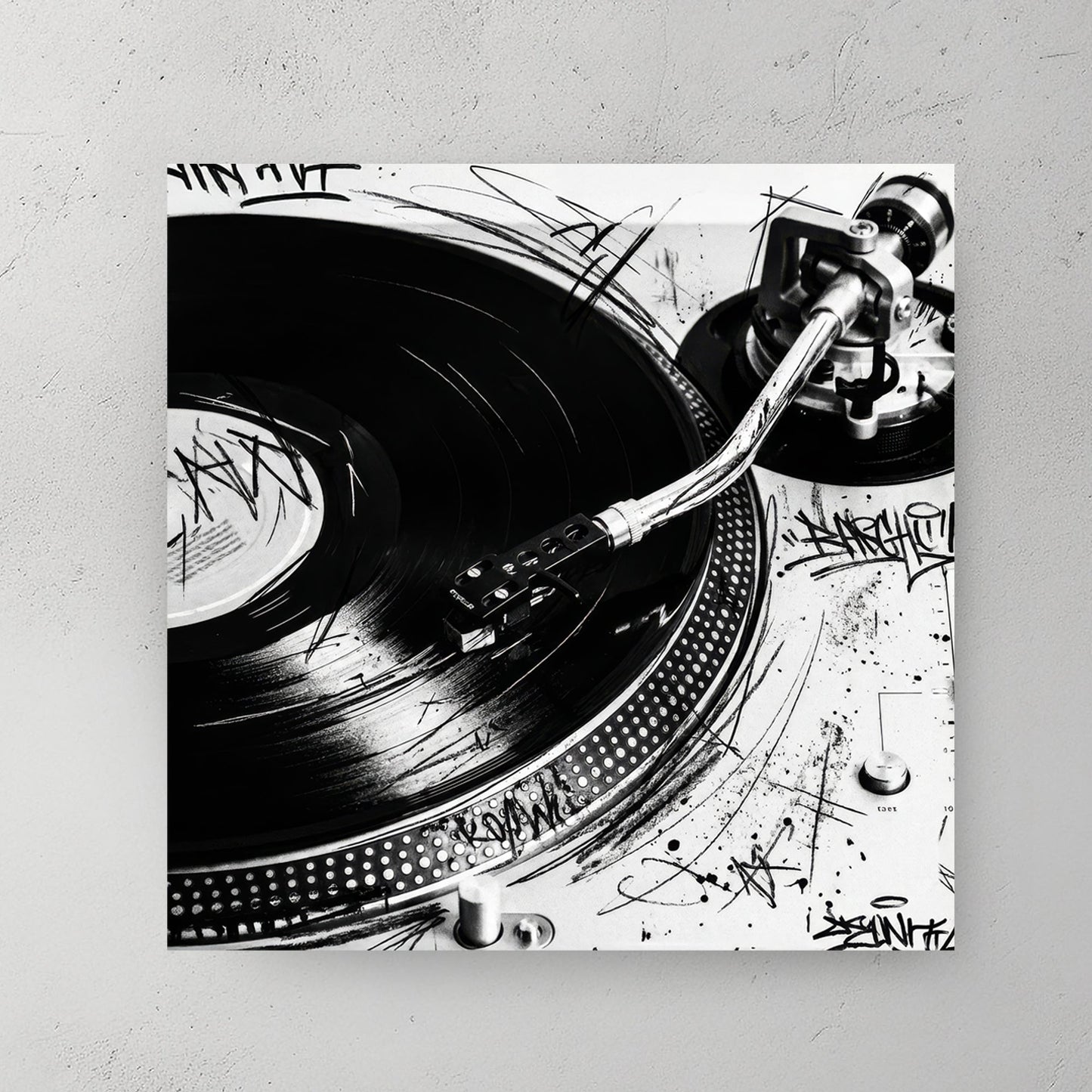 Black and white Technics SL-1200 turntable wall art with graffiti doodles and vinyl record.