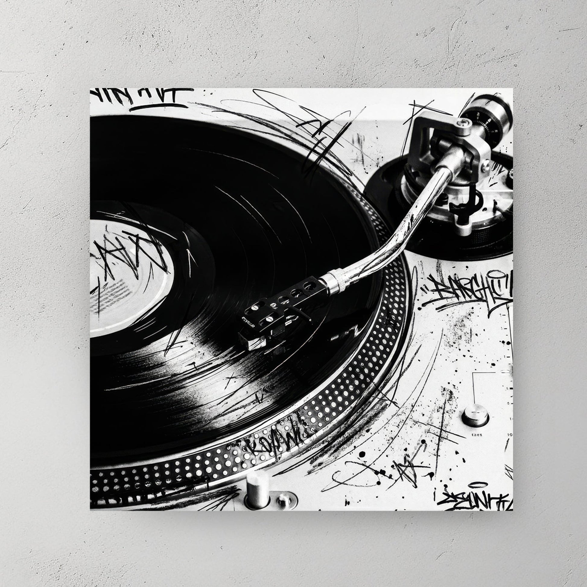 Black and white Technics SL-1200 turntable wall art with graffiti doodles and vinyl record.