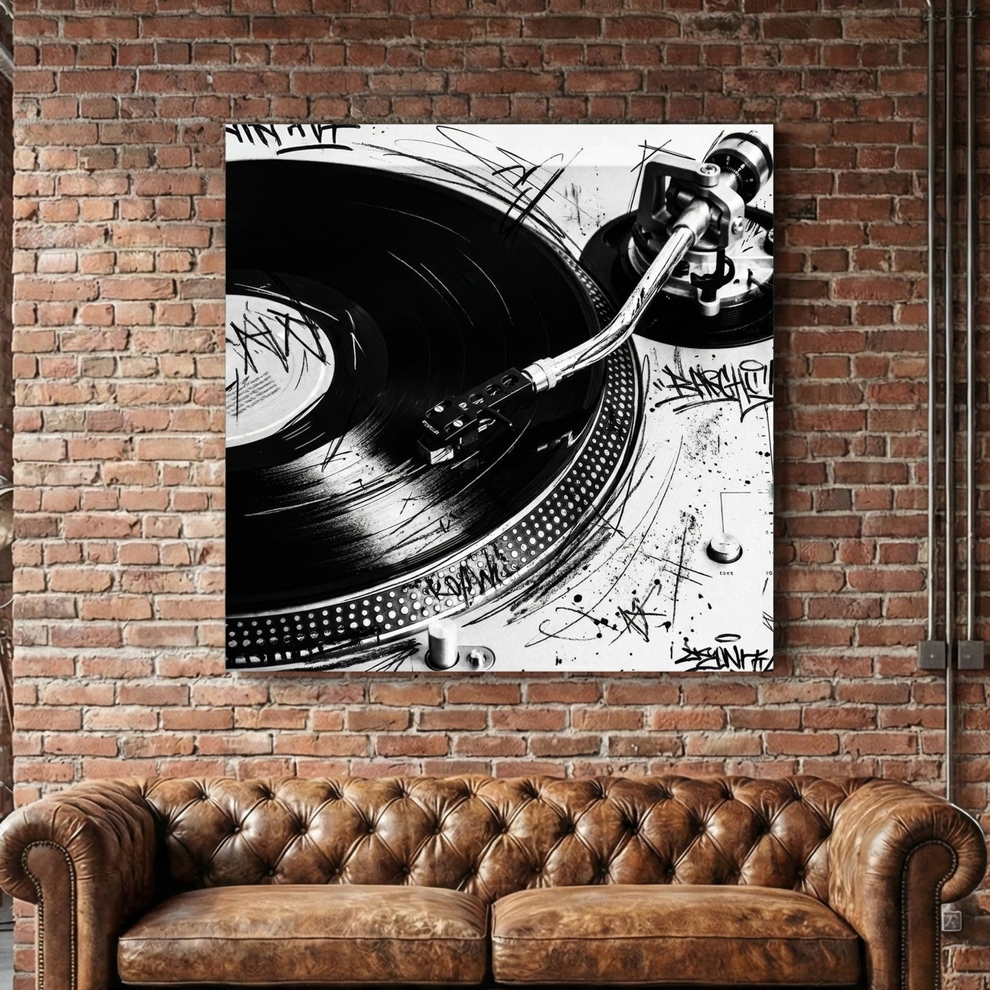 Black and white Technics SL-1200 turntable wall art with graffiti doodles and vinyl record.