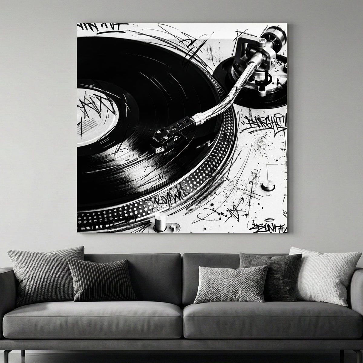 Black and white Technics SL-1200 turntable wall art with graffiti doodles and vinyl record.