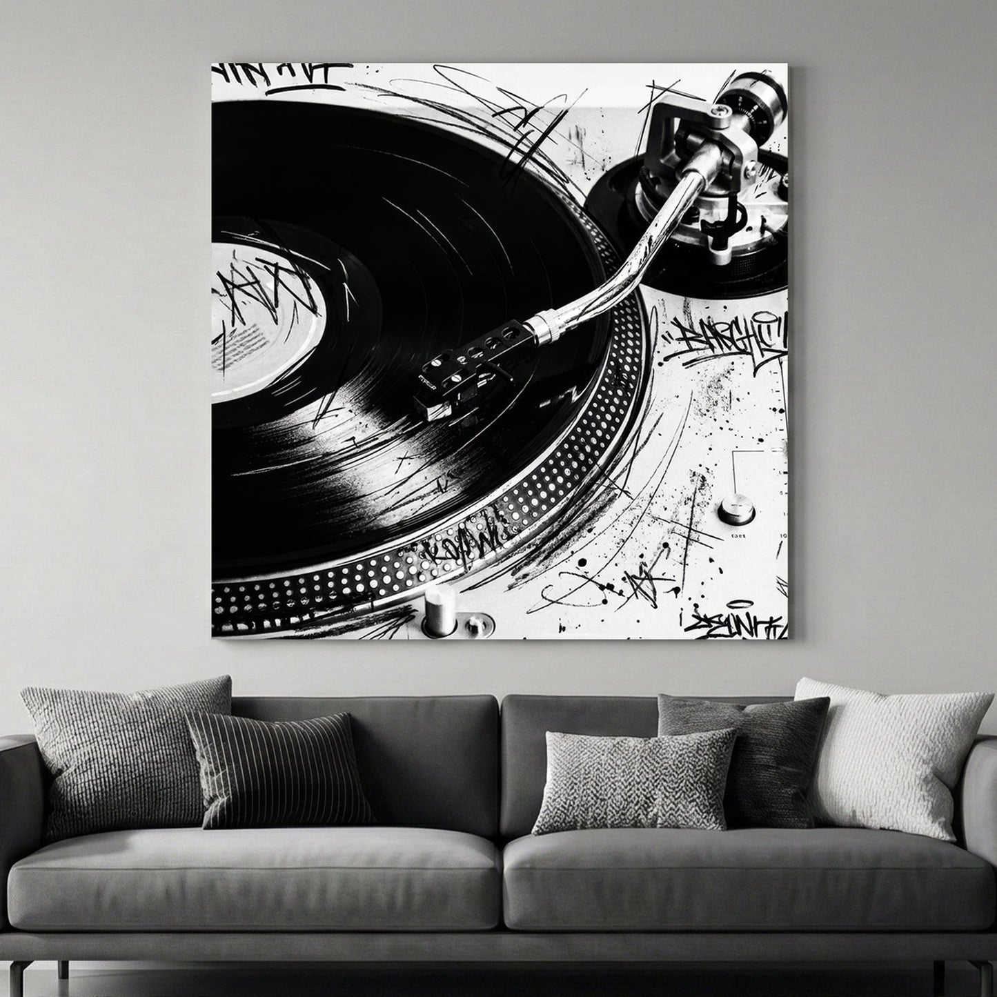 Black and white Technics SL-1200 turntable wall art with graffiti doodles and vinyl record.
