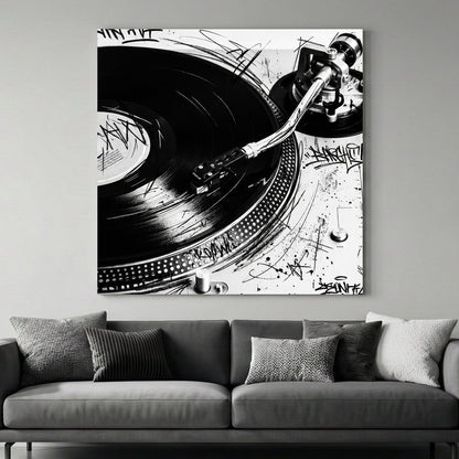 Black and white Technics SL-1200 turntable wall art with graffiti doodles and vinyl record.