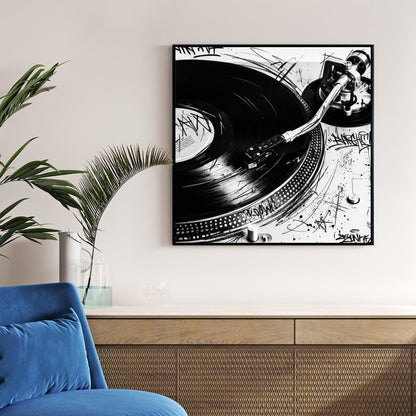 Black and white Technics SL-1200 turntable wall art with graffiti doodles and vinyl record.