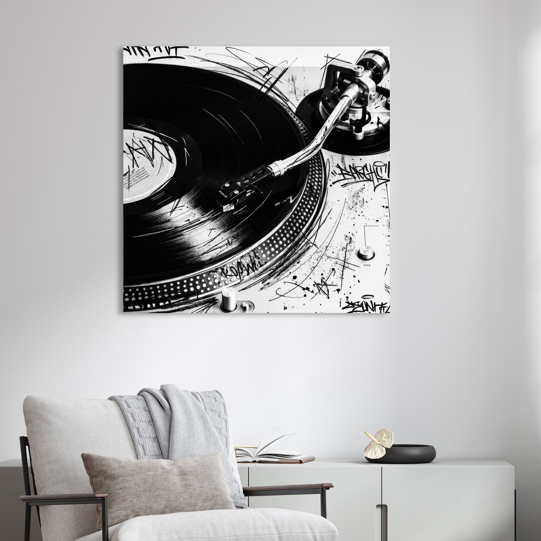 Black and white Technics SL-1200 turntable wall art with graffiti doodles and vinyl record.