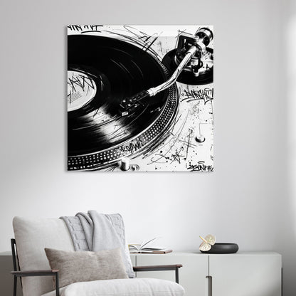 Black and white Technics SL-1200 turntable wall art with graffiti doodles and vinyl record.