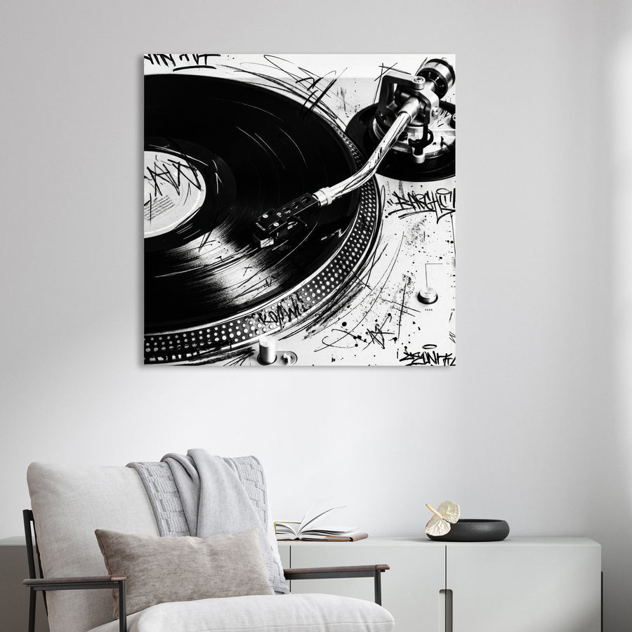 Black and white Technics SL-1200 turntable wall art with graffiti doodles and vinyl record.