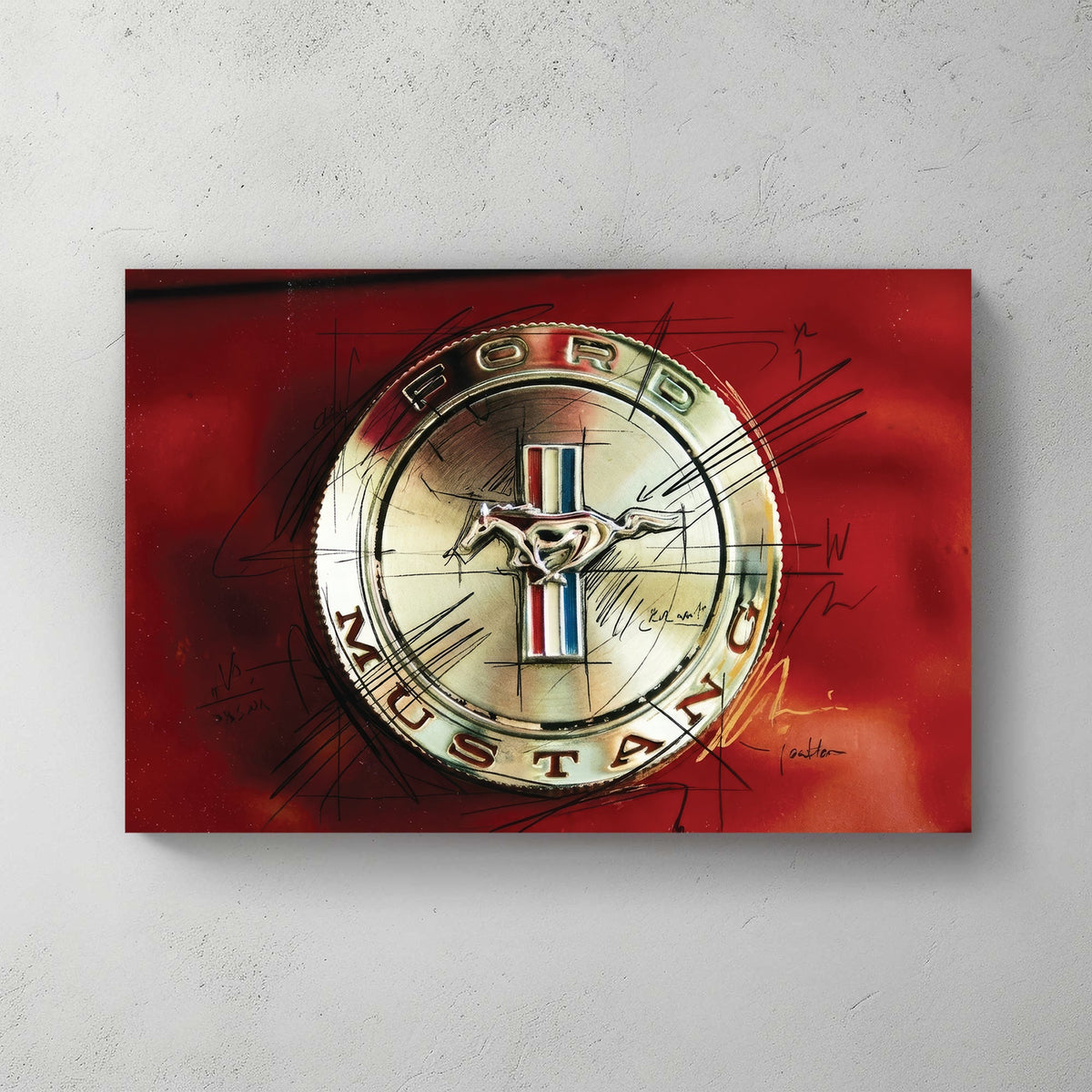 Ford Mustang chrome emblem with black sketch doodles on a red background wall art