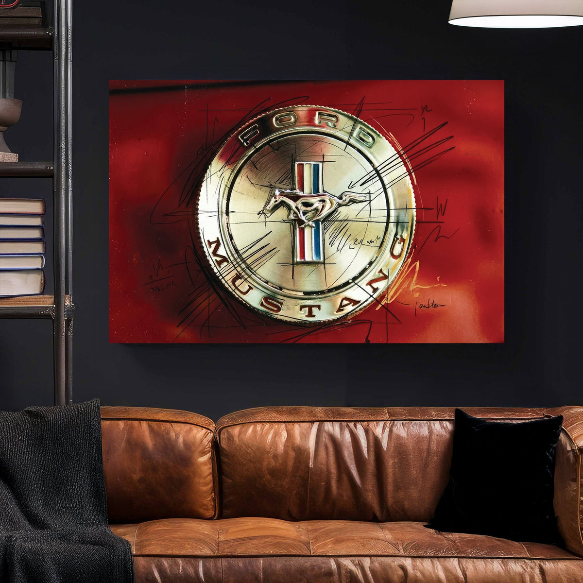 Ford Mustang chrome emblem with black sketch doodles on a red background wall art