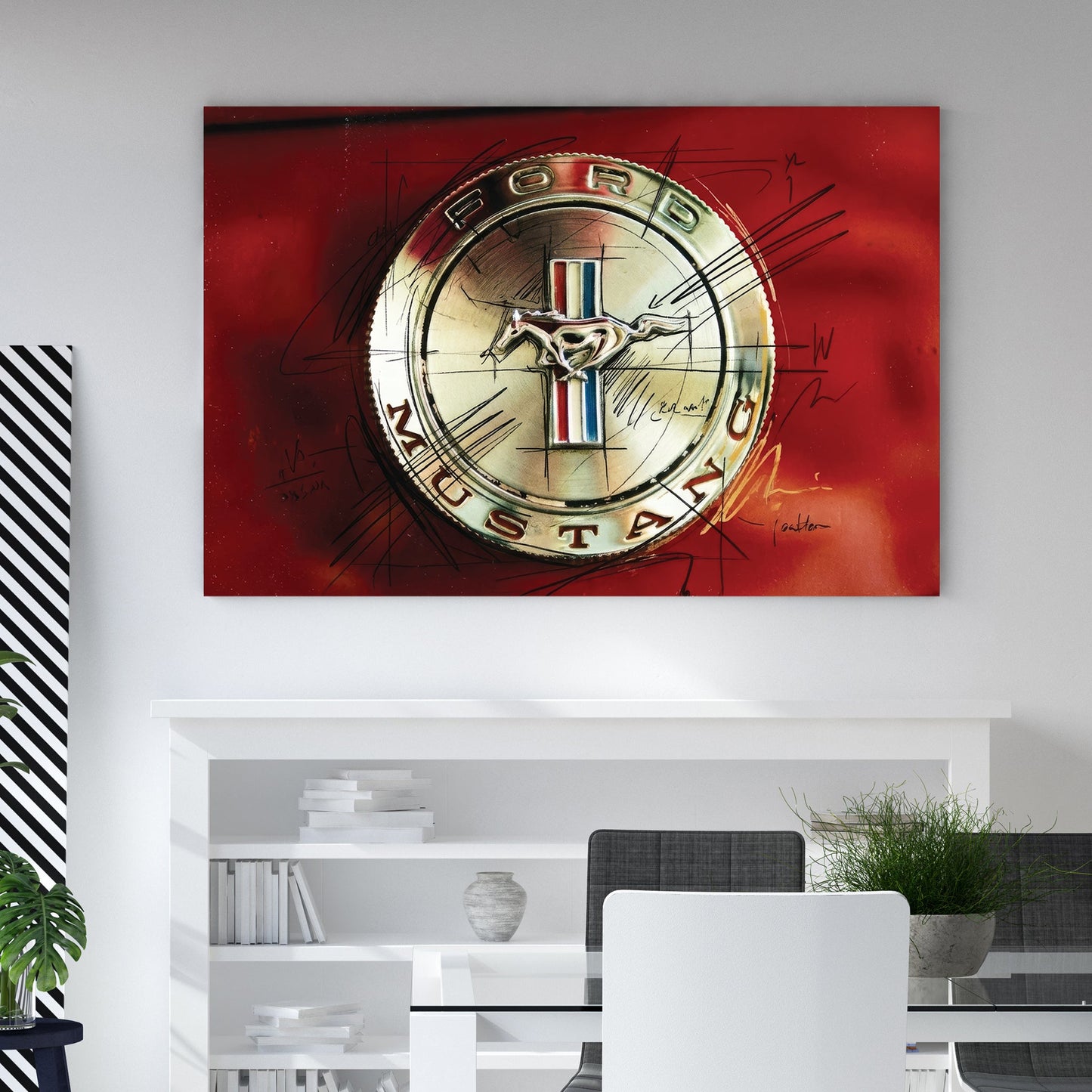 Ford Mustang chrome emblem with black sketch doodles on a red background wall art