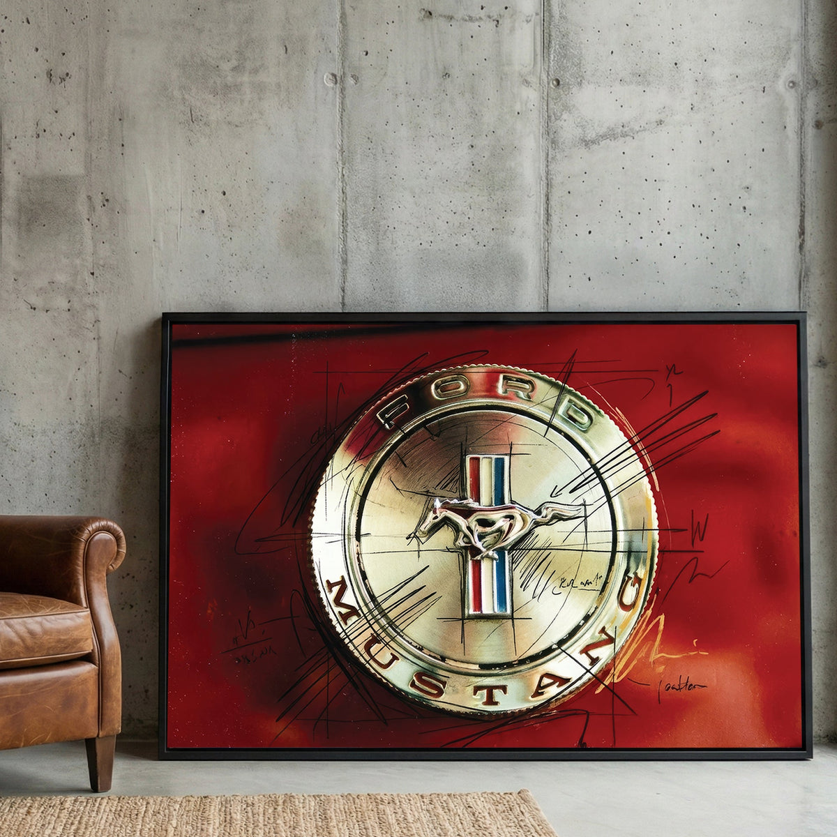Ford Mustang chrome emblem with black sketch doodles on a red background wall art