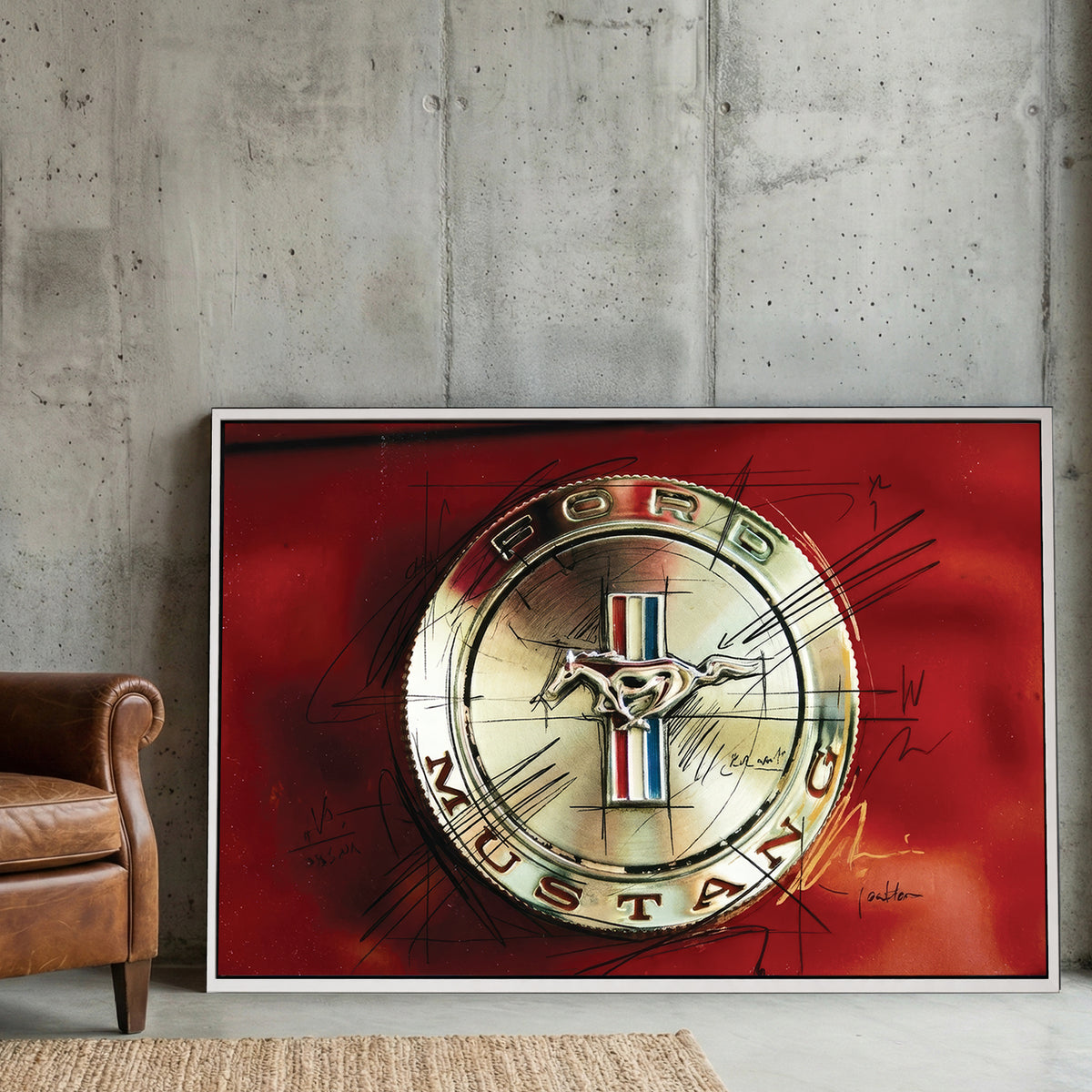 Ford Mustang chrome emblem with black sketch doodles on a red background wall art
