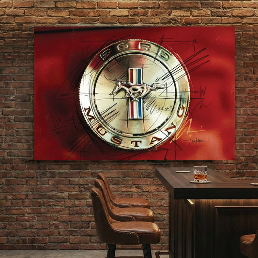 Ford Mustang chrome emblem with black sketch doodles on a red background wall art
