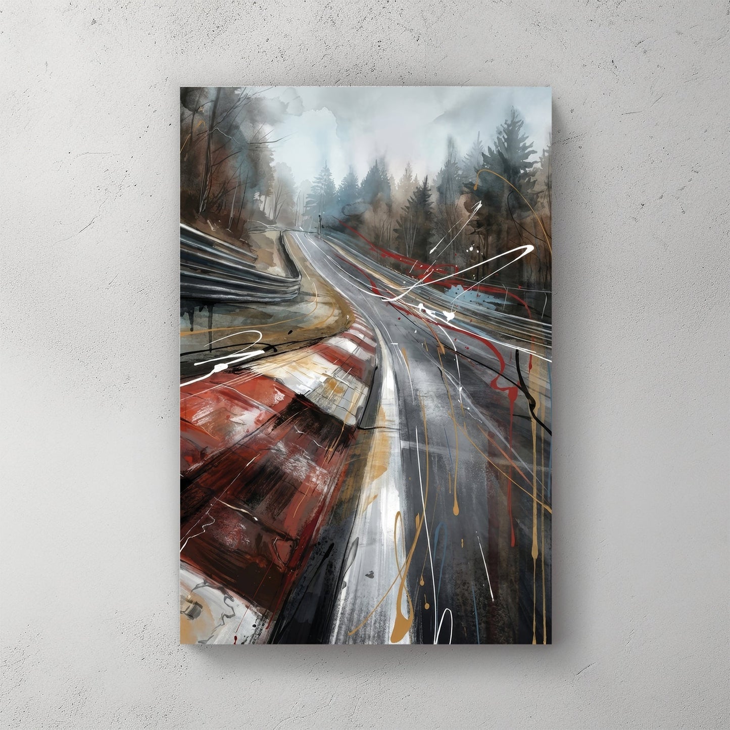 Nürburgring Nordschleife racing track wall art with red kerbs and watercolour forest.