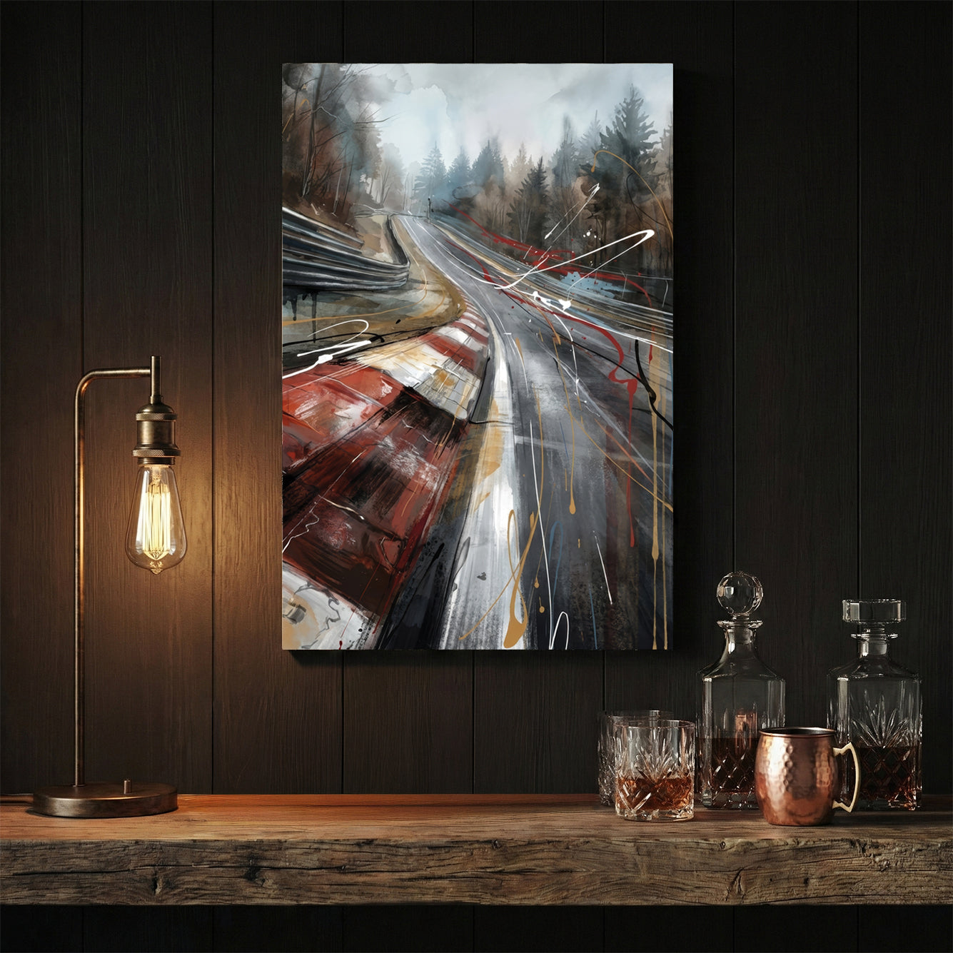 Nürburgring Nordschleife racing track wall art with red kerbs and watercolour forest.