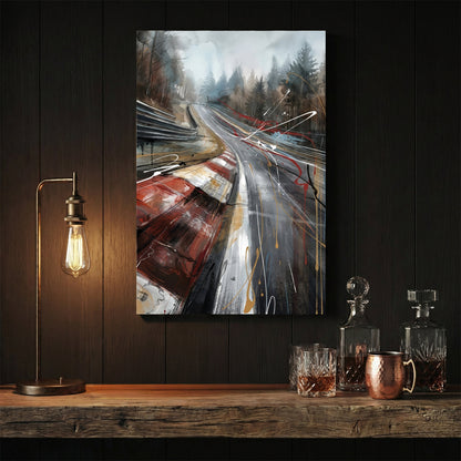 Nürburgring Nordschleife racing track wall art with red kerbs and watercolour forest.