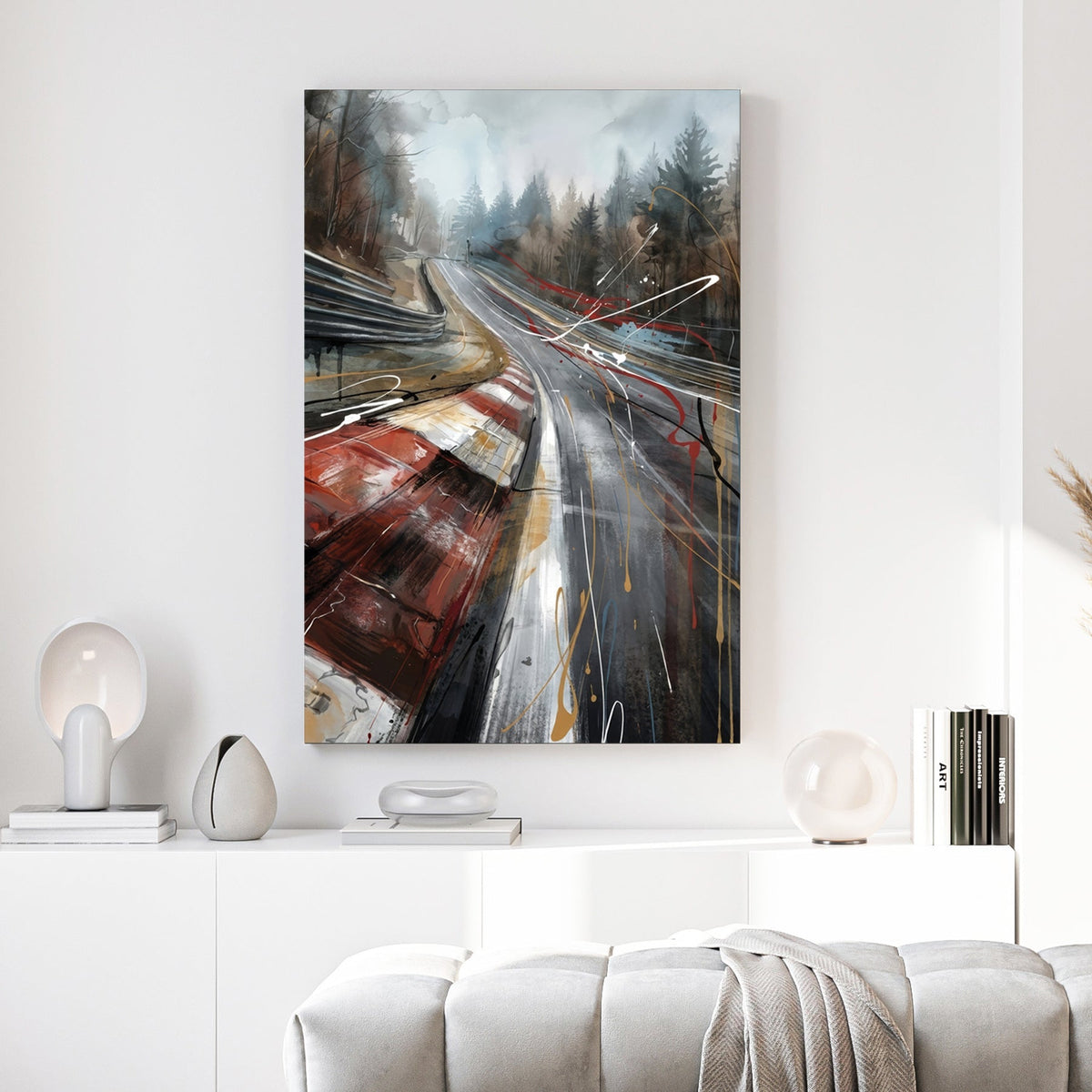 Nürburgring Nordschleife racing track wall art with red kerbs and watercolour forest.