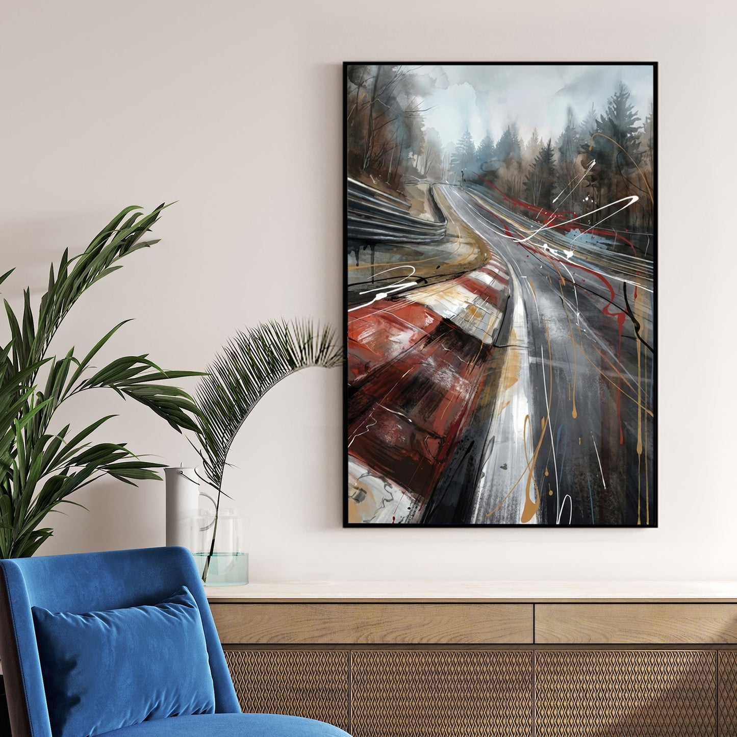 Nürburgring Nordschleife racing track wall art with red kerbs and watercolour forest.