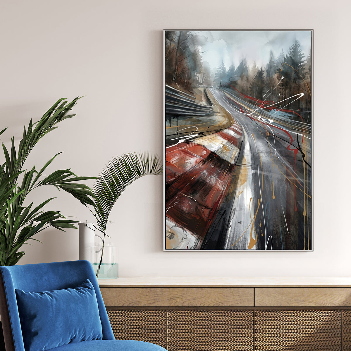 Nürburgring Nordschleife racing track wall art with red kerbs and watercolour forest.