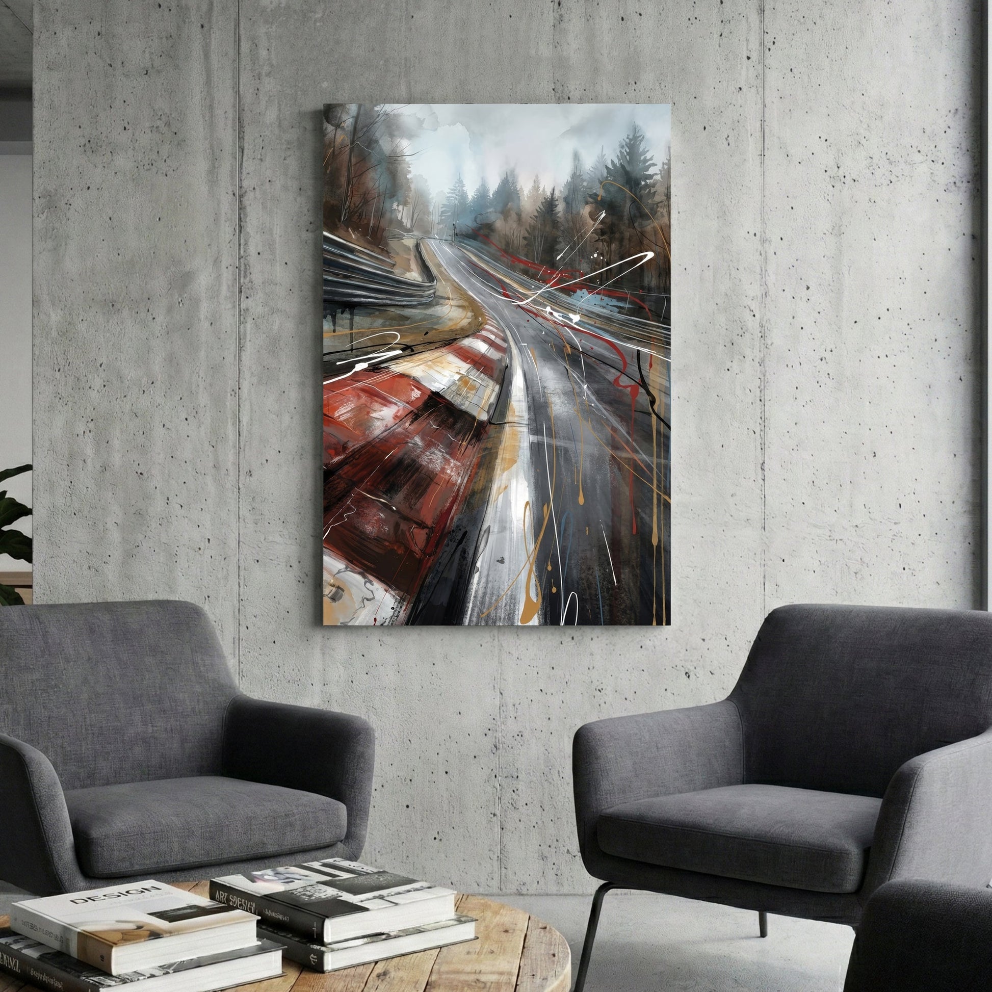 Nürburgring Nordschleife racing track wall art with red kerbs and watercolour forest.