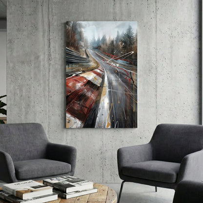 Nürburgring Nordschleife racing track wall art with red kerbs and watercolour forest.