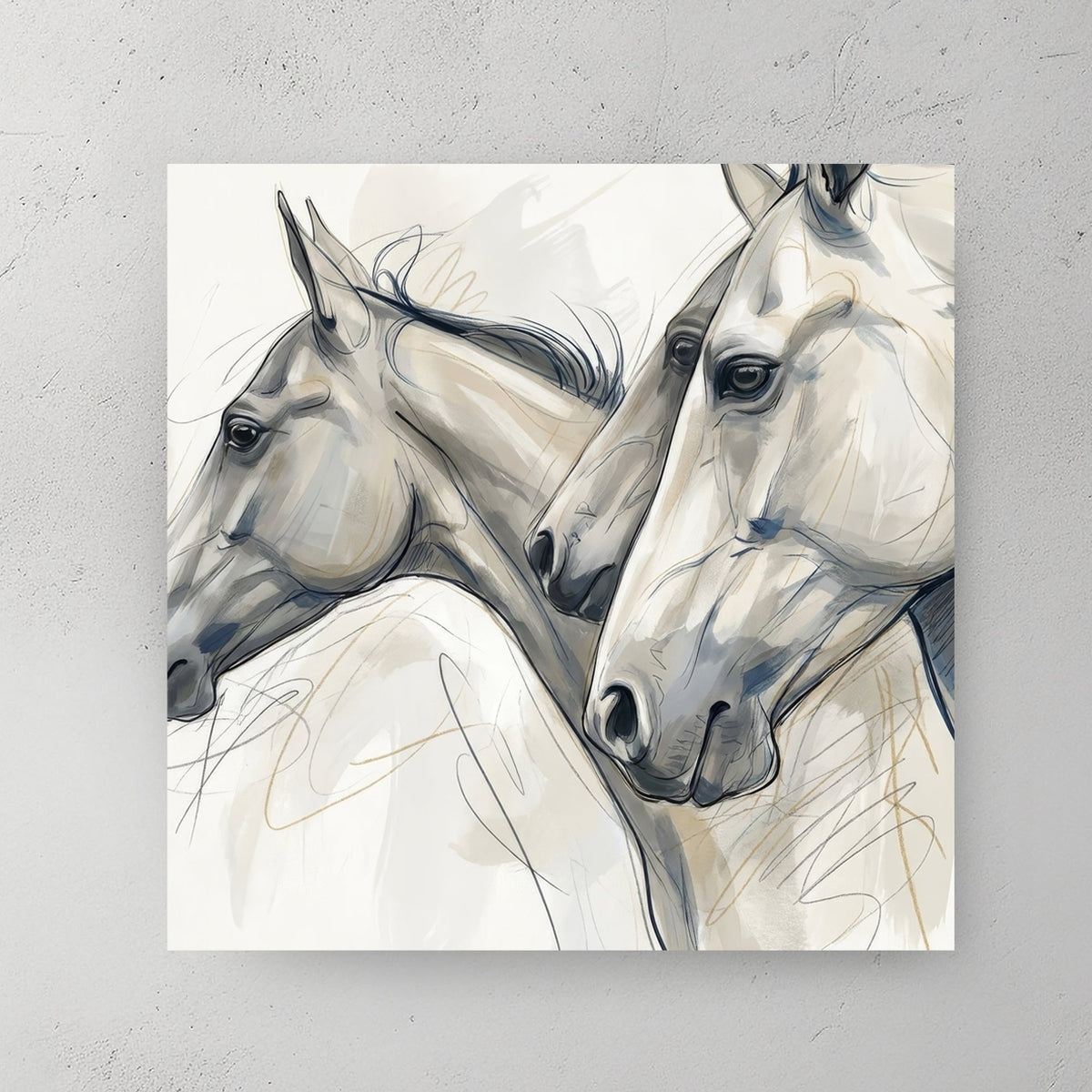 Minimalist sketch of three horse heads in neutral tones wall art