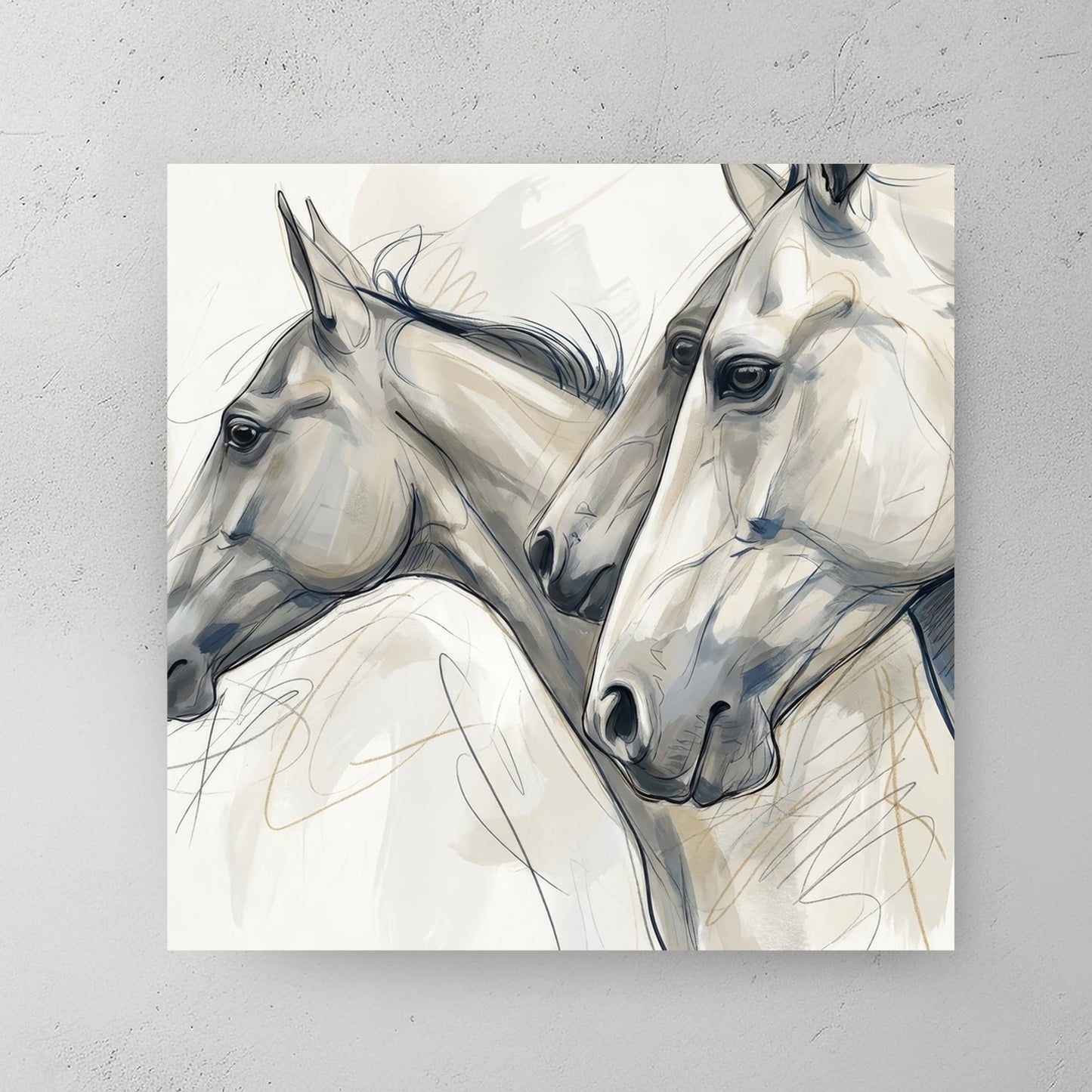 Minimalist sketch of three horse heads in neutral tones wall art