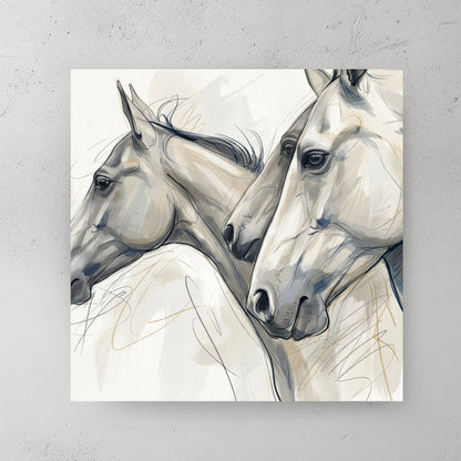 Minimalist sketch of three horse heads in neutral tones wall art