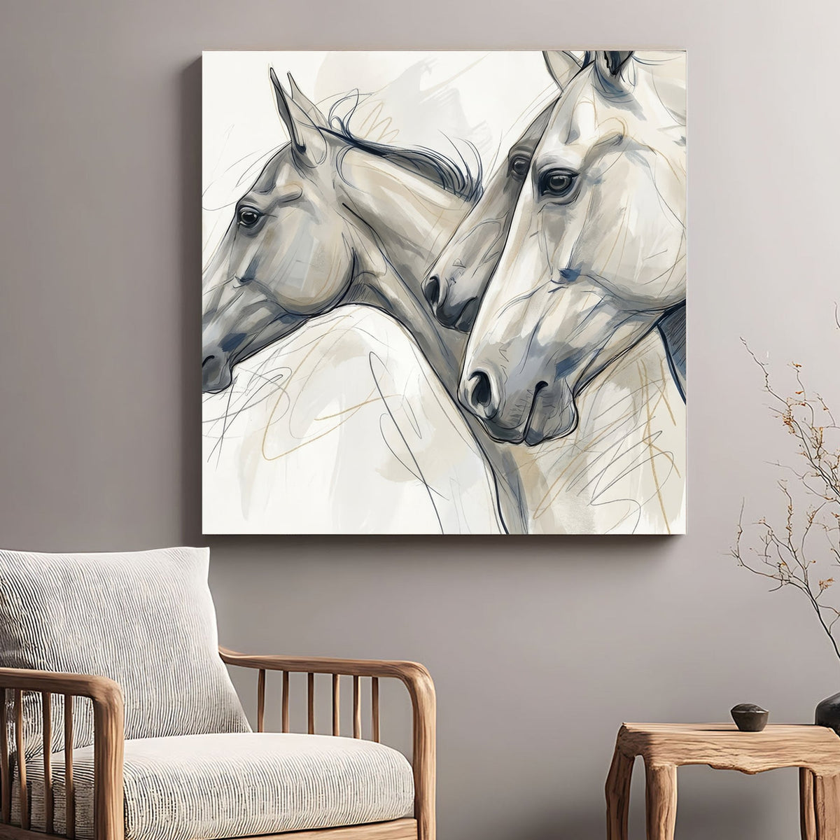 Minimalist sketch of three horse heads in neutral tones wall art