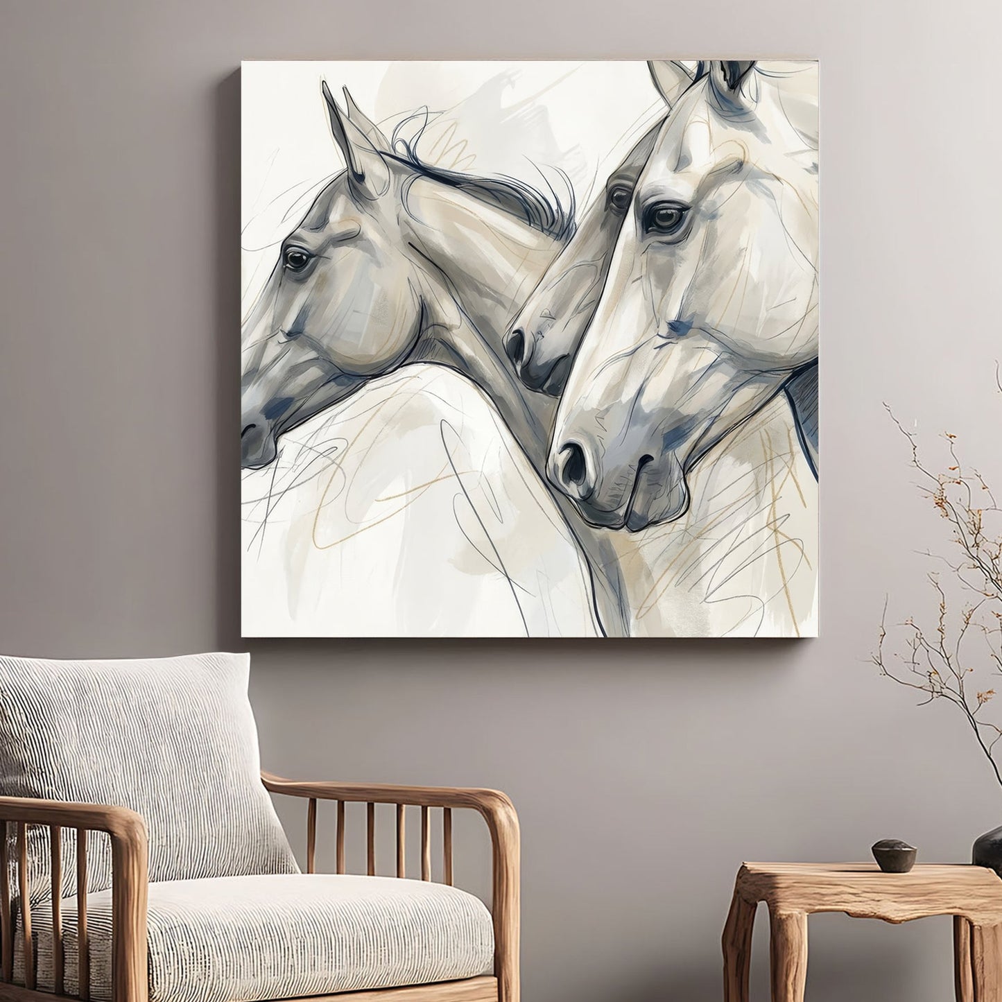 Minimalist sketch of three horse heads in neutral tones wall art