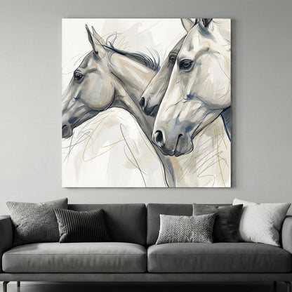 Minimalist sketch of three horse heads in neutral tones wall art
