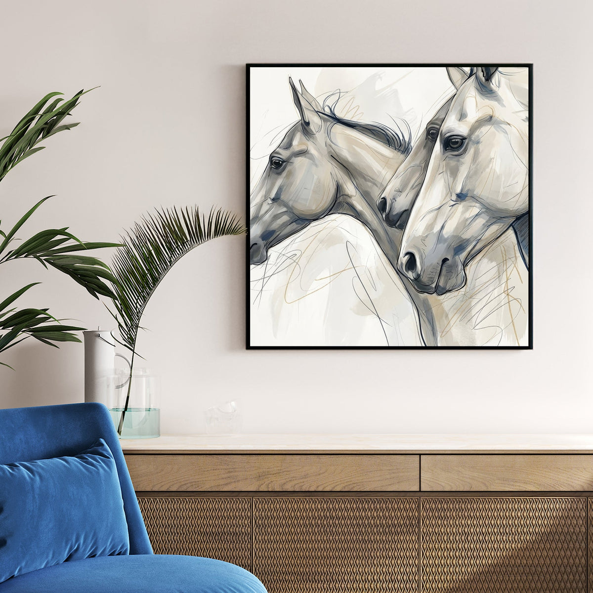Minimalist sketch of three horse heads in neutral tones wall art