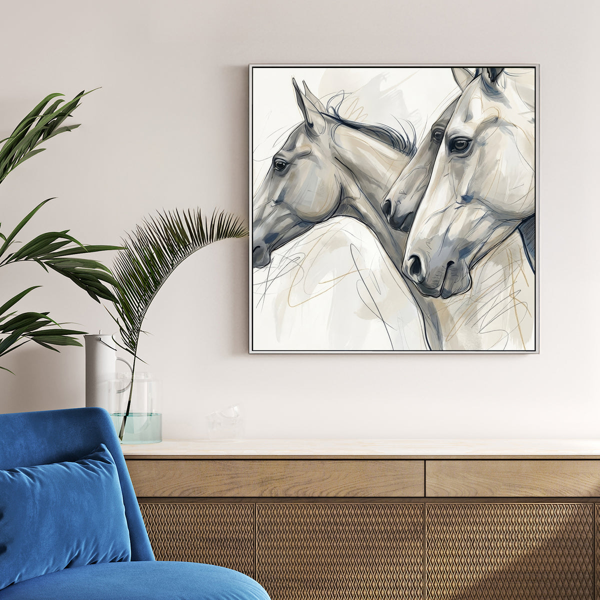 Minimalist sketch of three horse heads in neutral tones wall art