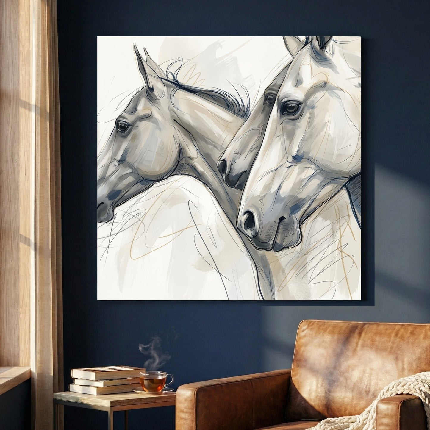 Minimalist sketch of three horse heads in neutral tones wall art