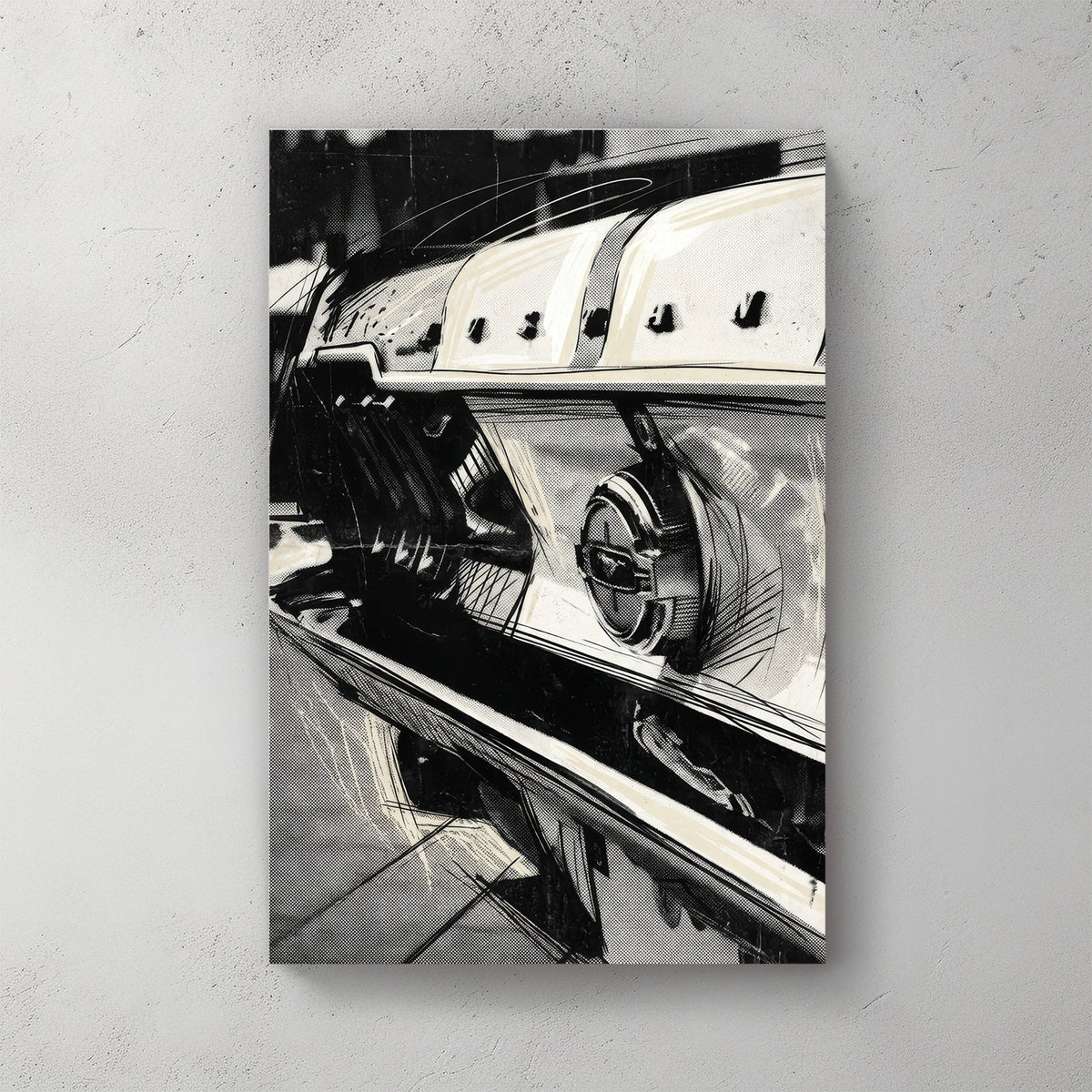 Close-up monochrome Ford Mustang rear tail light street art wall art.
