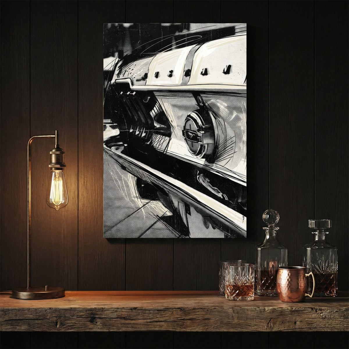 Close-up monochrome Ford Mustang rear tail light street art wall art.