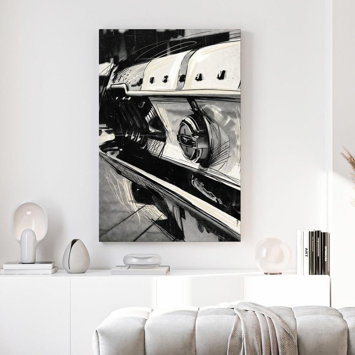 Close-up monochrome Ford Mustang rear tail light street art wall art.