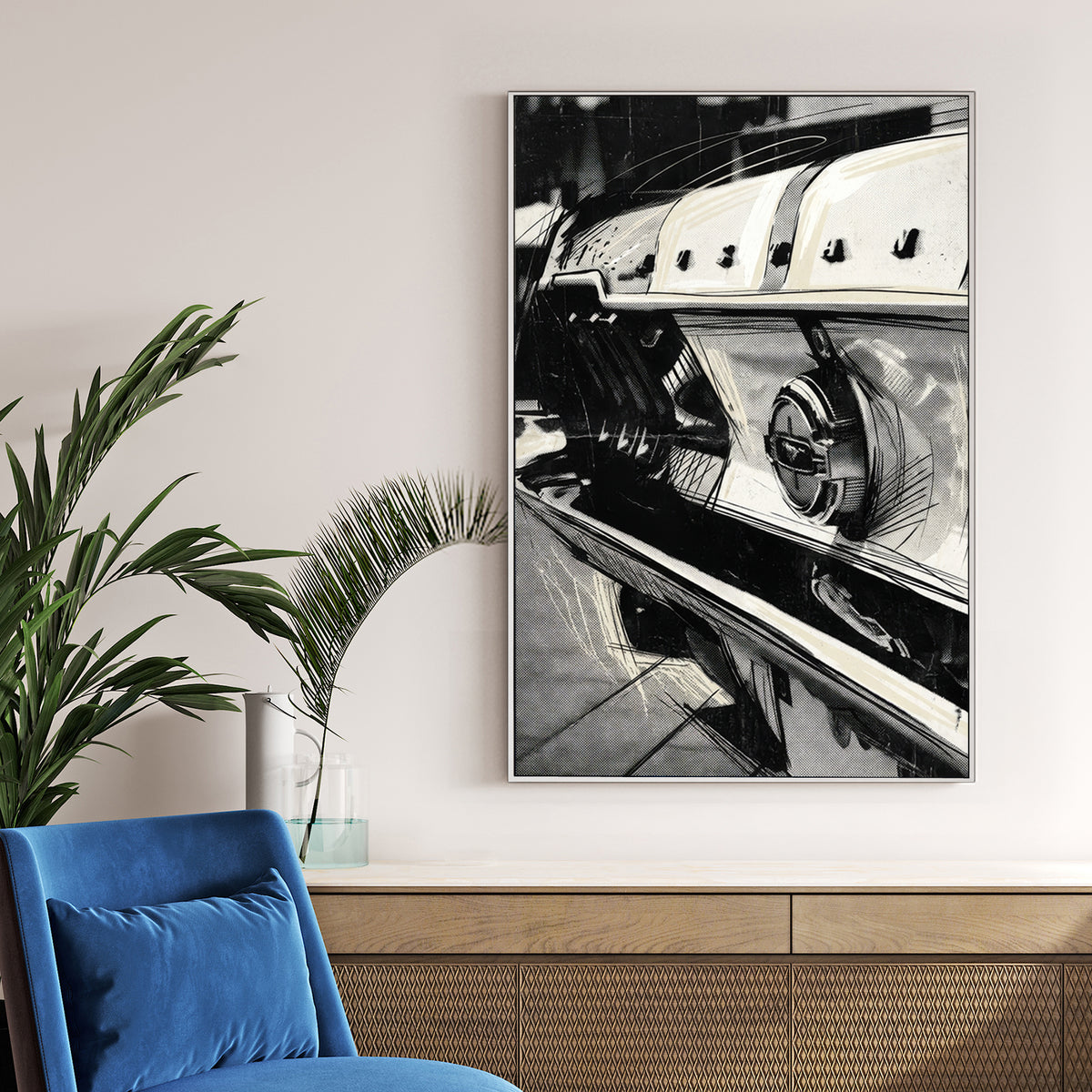 Close-up monochrome Ford Mustang rear tail light street art wall art.
