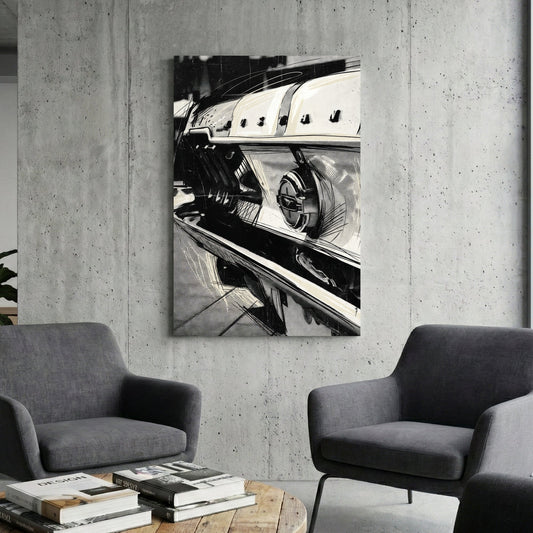 Close-up monochrome Ford Mustang rear tail light street art wall art.