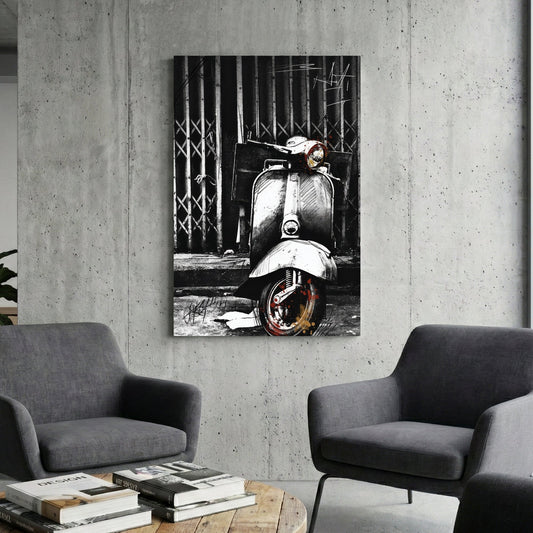 Vespa scooter street art wall art in black and white with red paint accents.