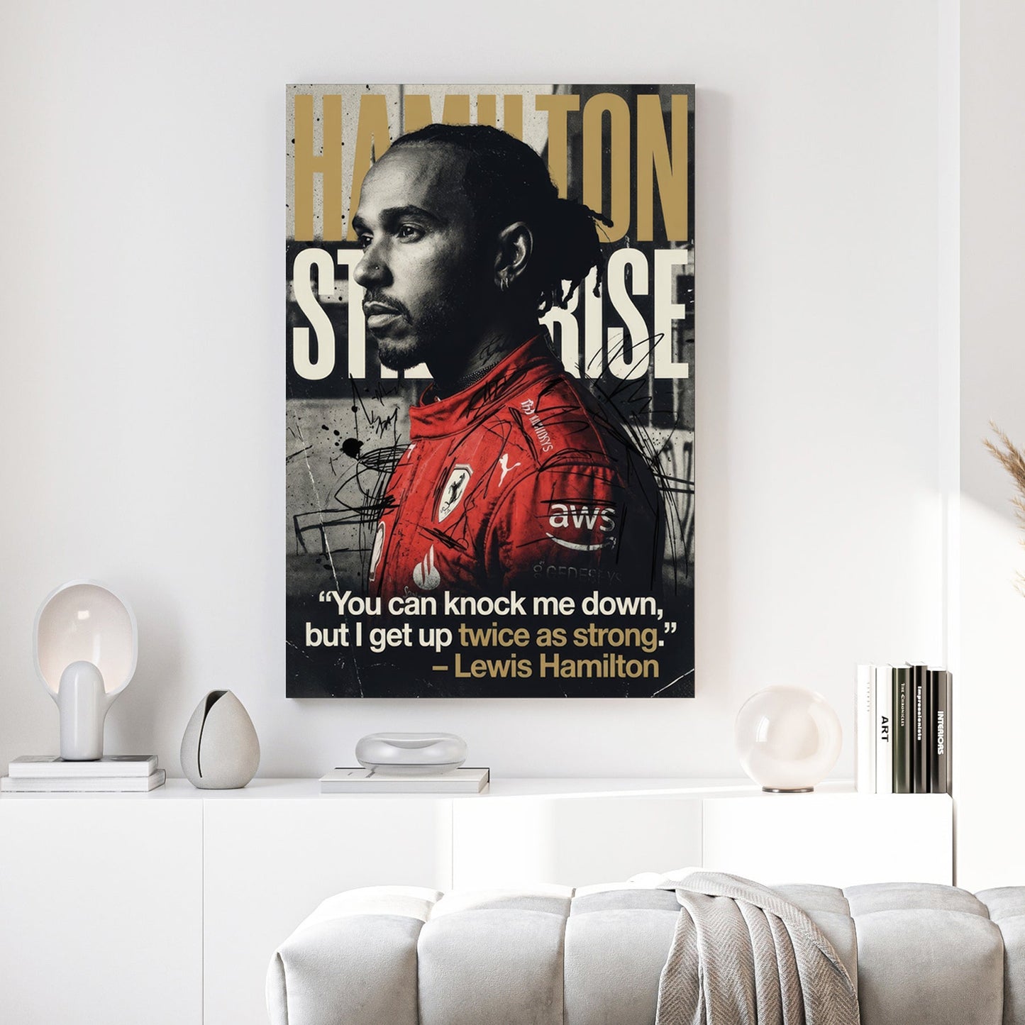 Lewis Hamilton Ferrari racing suit motivational typography street art wall art